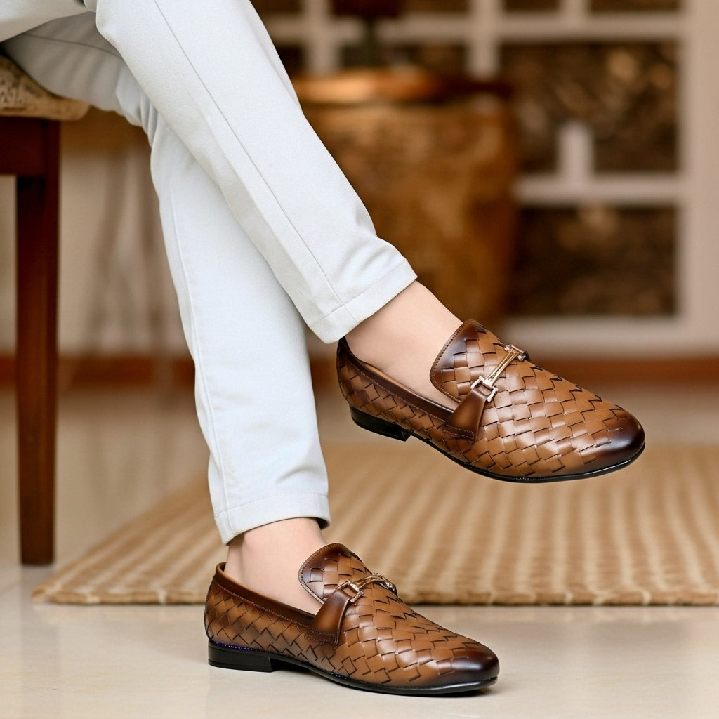 Woven Brown Leather Loafer | Premium Quality | All Season Shoe